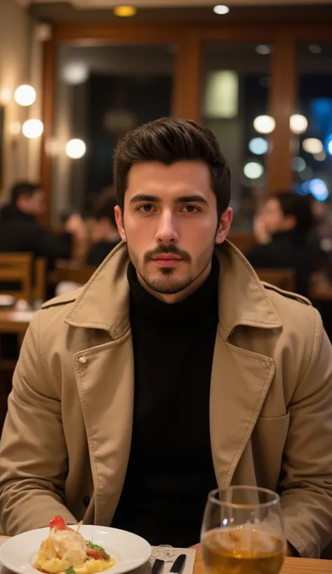 a handsome young turkish guy with muscle, dark very short hair fade middle parting and goatee beard  he wearing a black turtleneck sweater and a beige trenchcoat he sits in a restaurant Amateur photo random picture and location is germany he has very much ...