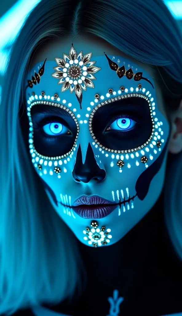 8K front face zoom, masterpiece, top quality, close-up,  front point of view . short, Hair Glow Light Neon Blue.  Neon Ice Blue Eyes.  pale skin. with makeup inspired by “La Catrina”, traditional icon of the Mexican Day of the Dead. Her face shows an elabo...