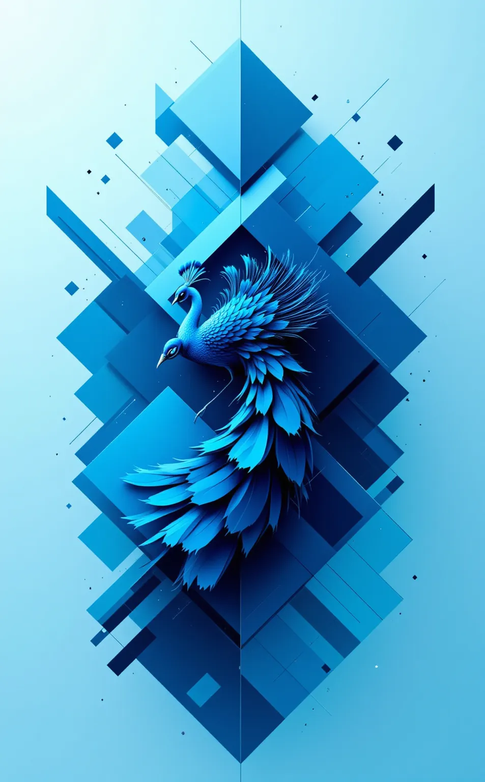 "A Parametric Minimalist interpretation of [Peacock], featuring intricate algorithmic geometries such as fractal tessellations, recursive subdivisions, and parametric equation-derived forms. Render the composition with [Neon Cyan] and [Obsidian Black] in s...