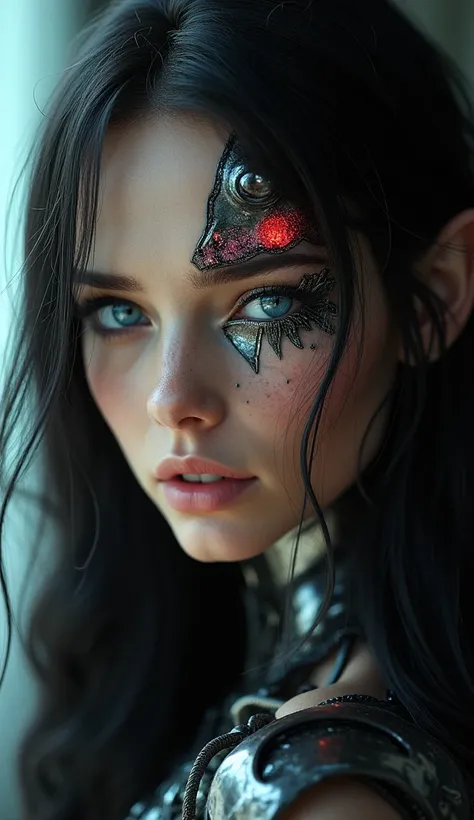 Create a face of a woman with long hair, dimensions must be complete up to the shoulders, half of the face should be that of an elf with a blue eye; the other half should be rock and roll style with metallic features like a cyborg that has a red eye;