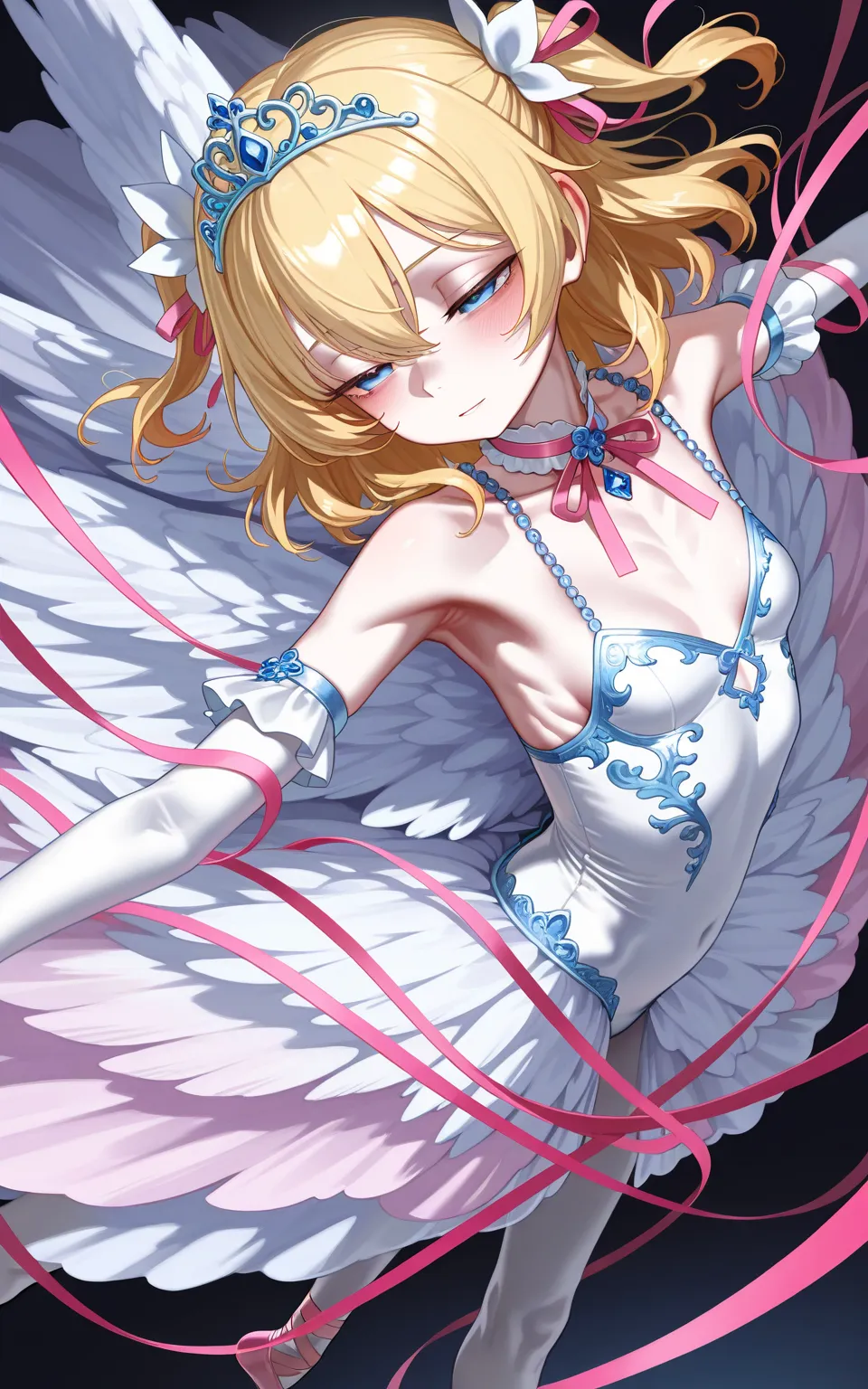 solo loli girl, blonde hair, [emaciated:1.3], small breasts, half-closed eyes, exotic angel motif fashion, ballet, pink ribbon,