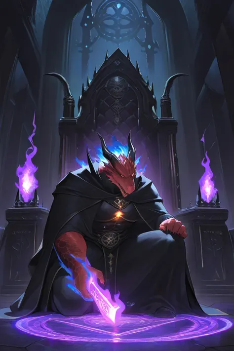 very awa, masterpiece, best quality, year 2024, newest, highres, absurdres, solo, 1other, dragon, anthro dragon, scalie, red scales, cold expression, muscular male, adult male, black cloak, black robe, demon lord outfit, dark fantasy clothes, kneeling on o...