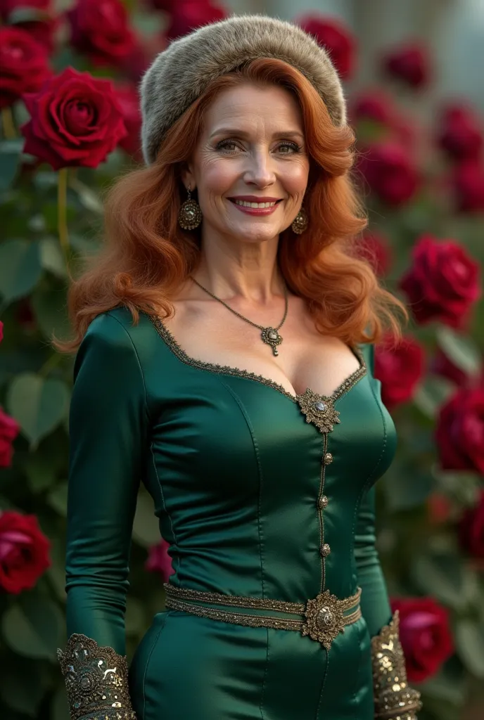 full-length portrait mature sexy elderly women 60 years old long curly hair red long hair winter hat green color dress divitnatsatsatsatogo century elderly woman has third size breasts background large beautiful garden with burgundy roses elderly woman ful...