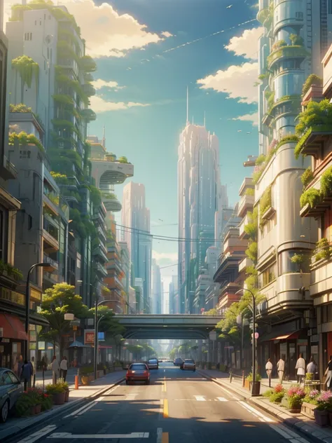 Near future,Town,SF movie,4K, Scenery,(( no people)),noon,Townの中,未来のTown,anime,Pixel,Skyscrapers,(( point of view looking down )),Wide roads,Close-up view,blue sky,Realistic, photos