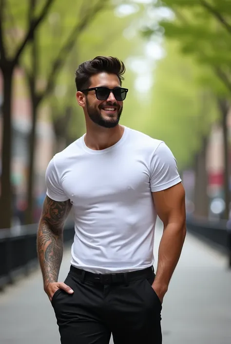 "On the side and hands in the pockets,smiling,A young and stylish man walking on a tree-lined street during the day.  he has an athletic physique  , tanned skin and well-groomed beard. Her hair is dark and slightly messy. He wears a tight white t-shirt tha...