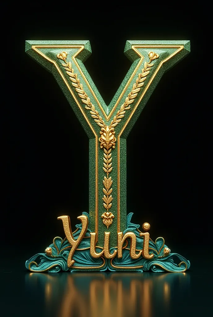 A mesmerizing 3D rendering of an opulent letter "Y" exudes royal grandeur and extravagance. The letter is adorned with rich green glitter and gold accents., creating a stunning real effect.  Di bawah huruf , nama "yuni" is elegantly written in shiny metall...