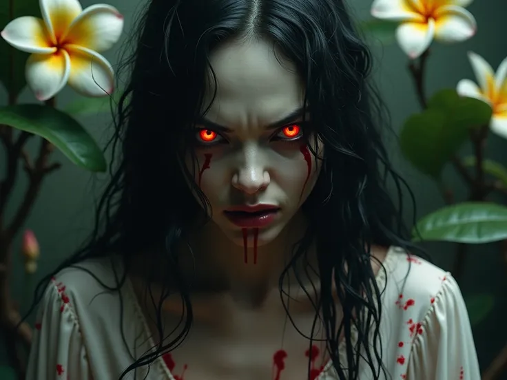 Close-up of a realistic Pontianak facing straight forward at the camera, pale beautiful face with glowing red angry eyes, expression of rage and vengeance, furrowed brows, long tangled black hair, white dress stained with blood, sharp claws visible, frangi...