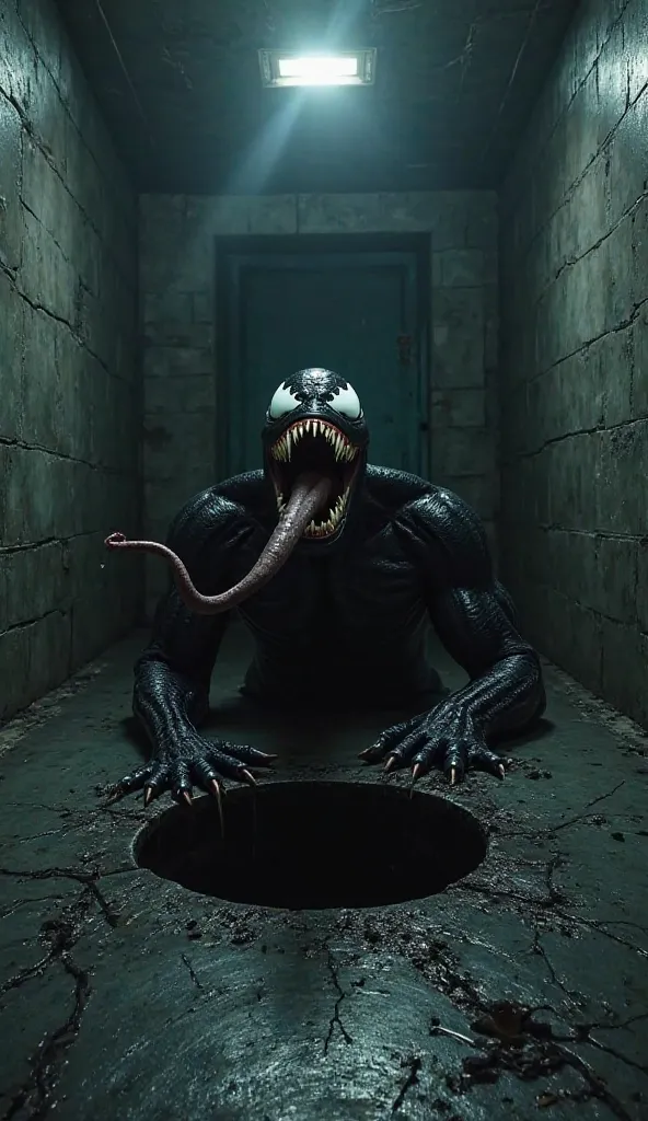 A dark and gloomy prison cell, with cracked concrete walls and dim lighting. In the center of the cell, a mysterious black hole opens in the floor. Venom's head emerges from the hole, his white, glowing eyes standing out in the darkness. His open mouth rev...