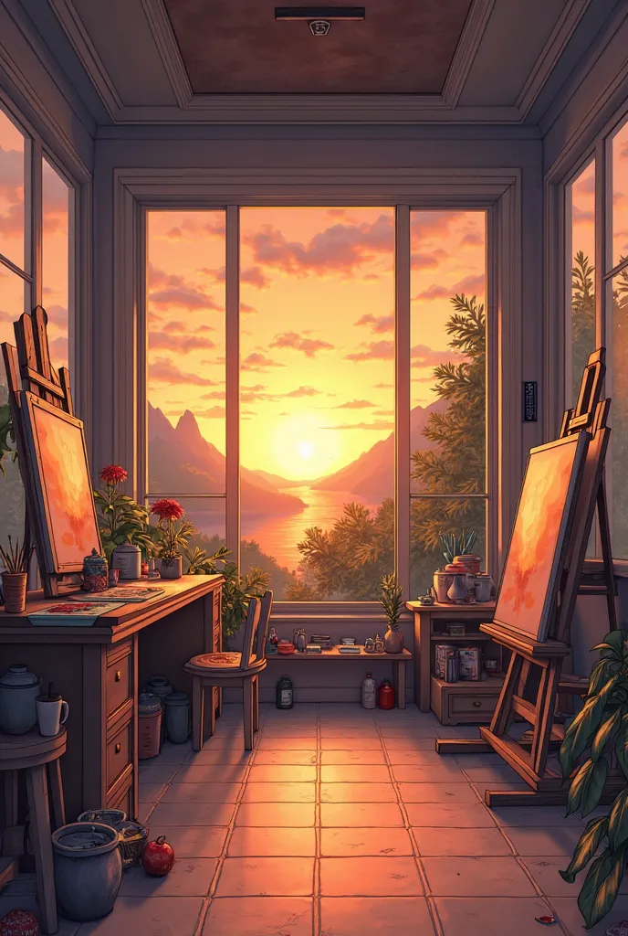 Create a scenery with art room sunset theme. Remove the girl. Make it look like less animated 