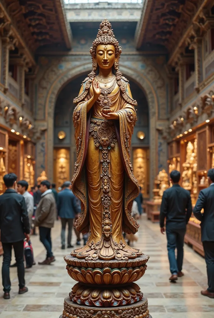 an artistic, polychrome wooden statue of a bodhisattva from Nepal stands on a decorated stone column in the museum