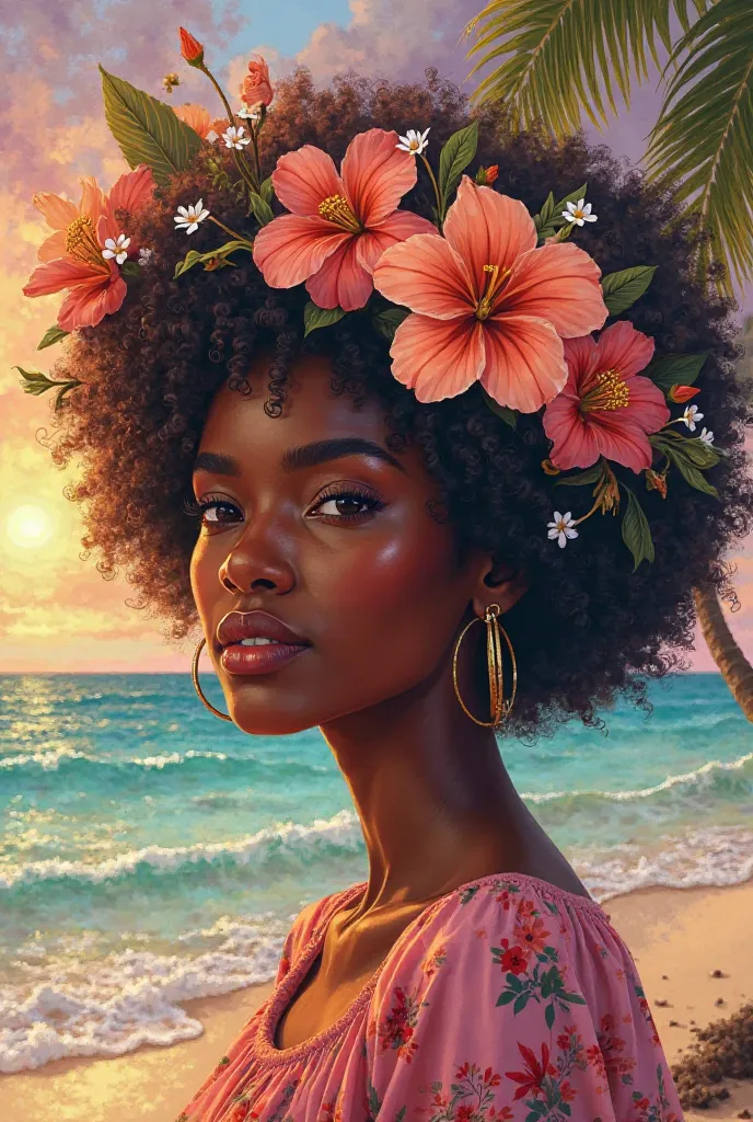 Create a vibrant, digital portrait of a beautiful Black woman with rich brown skin, full lips, and confident, soulful eyes. Her voluminous, curly afro is lavishly adorned with an abundance of large peach, coral, and pink flowers, along with extra delicate ...