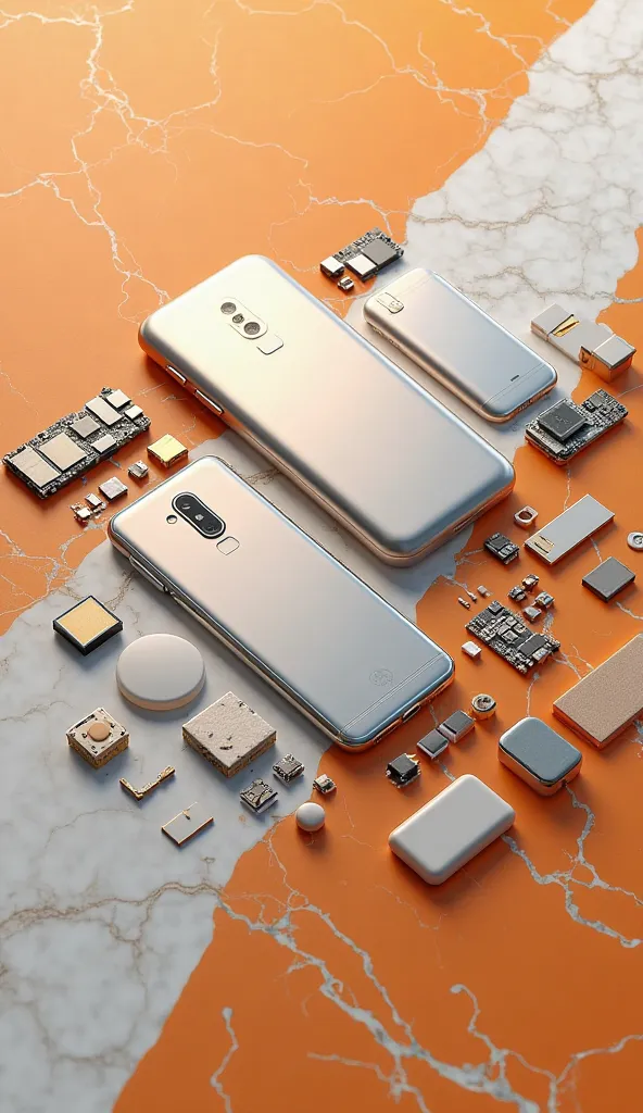 "Disassembled smartphone parts on a vibrant orange and white marble countertop. Detailed view of various components, including motherboard, battery, frame, and camera module. Light gray and off-white colors dominate the phone parts, creating a striking con...