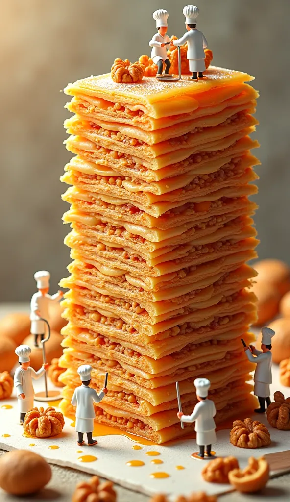 Prompt:
High-resolution, ultra-detailed illustration. A giant slice of baklava with miniature chefs working on it. The chefs wear white uniforms and hats. Some are pouring honey, others are placing walnuts, and some are cutting layers of phyllo dough. In t...