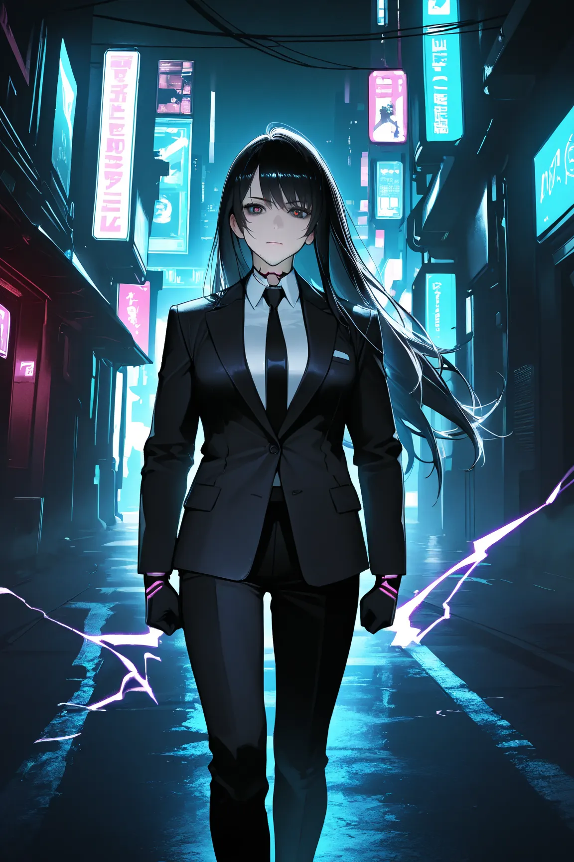 Cyberpunk, futuristic, Handsome man, dark and brooding, black trench coat, business suit, purple arcs of electricity coming from their suit, , dark medium length black hair, stubble beard, bionic arms, organic body, organic legs, walking down a dimly lit a...