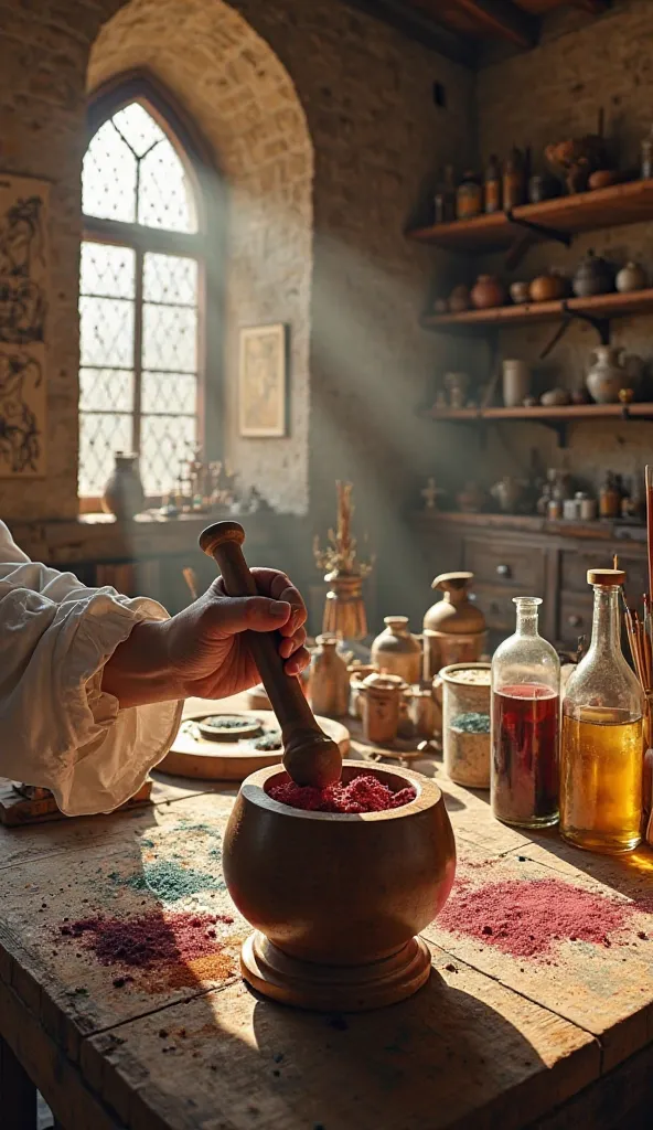 "A first-person view of a Renaissance artist preparing pigments in 1489. the hands, dressed in white linen sleeves, they hold a pestle and crush natural pigments in a wooden mortar. The rustic wooden table is covered with glass and ceramic jars filled with...