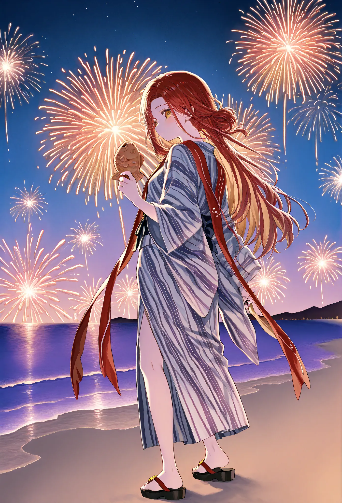     young  , Nape,yukata,Stole, sandals on the skin,fair,Holding taiyaki,   Fireworks ,date