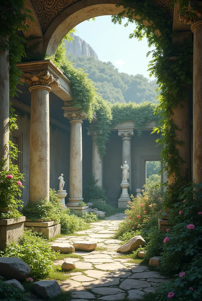 horizontal image of a ruined Greek garden