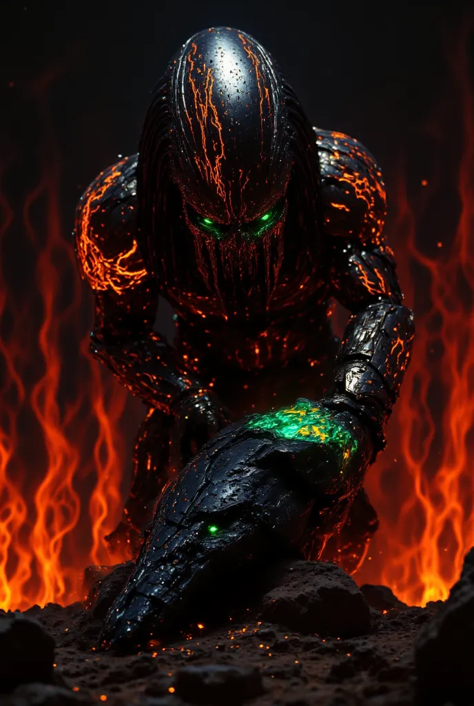 Predator from the 1987 film set in an apocalyptic world of fire and lava. Black armor with glowing magma details in red and orange colors, the texture resembling smoke swaying in a hot wind. A mask with long jaws, tribal patterns, and glowing green eyes. H...