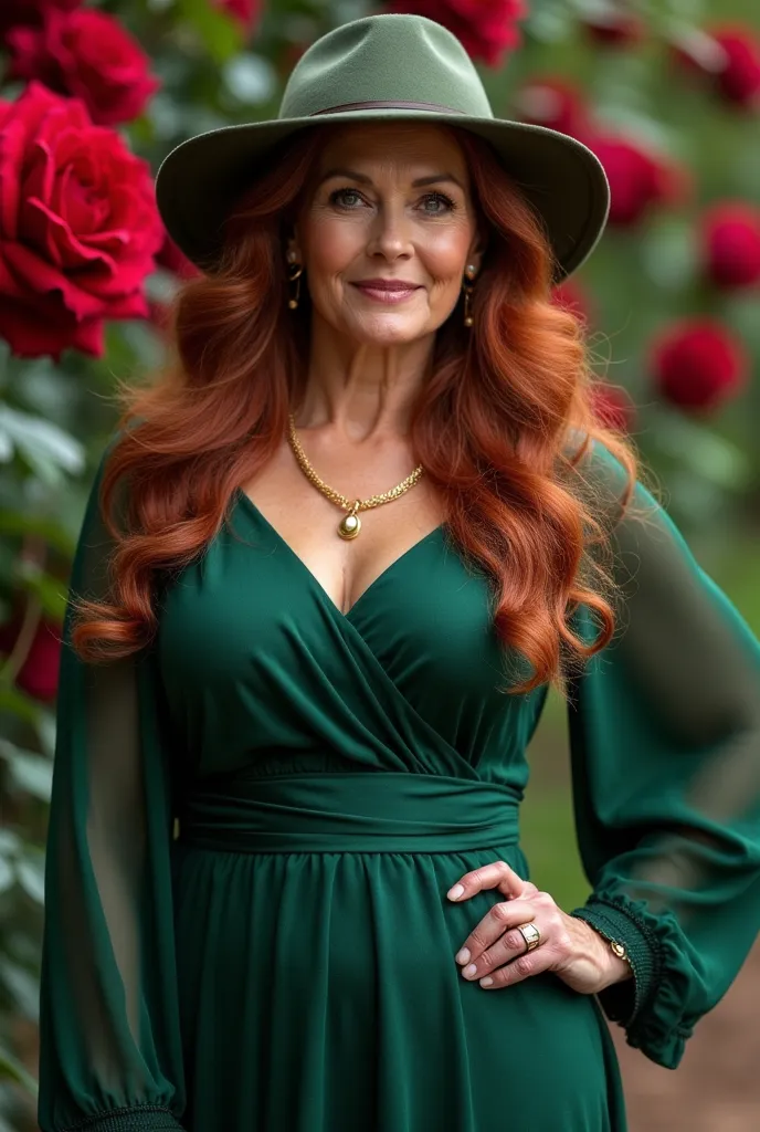 full-length portrait mature sexy elderly women 60 years old long curly hair red long hair hat green color dress divitnatsatnatsy century elderly woman has third size breasts background large beautiful garden with burgundy roses elderly woman woman looking ...