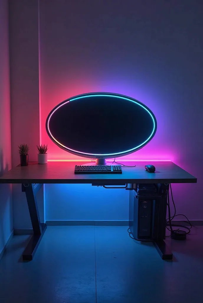 A computer desk with an oval monitor with rgb li liquid cooled oval monitor on a gamer computer desk