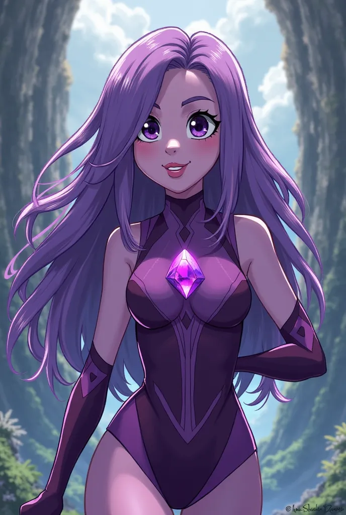 Using Steven Universe as a reference, Make an amethyst with straight hair and with her gem on her chest