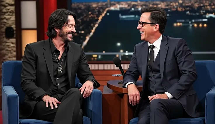 A detailed and realistic image of Keanu Reeves and Stephen Colbert chatting amicably on a late night talk show. Keanu Reeves is dressed in an all-black outfit, consisting of a black suit, black shirt and no tie and a silver cross necklace. His medium-lengt...