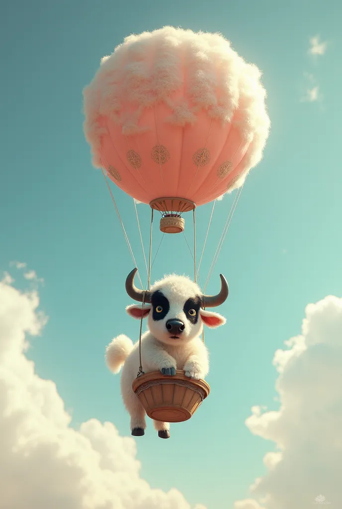 Baby ox with black face and white body flying in a giant balloon