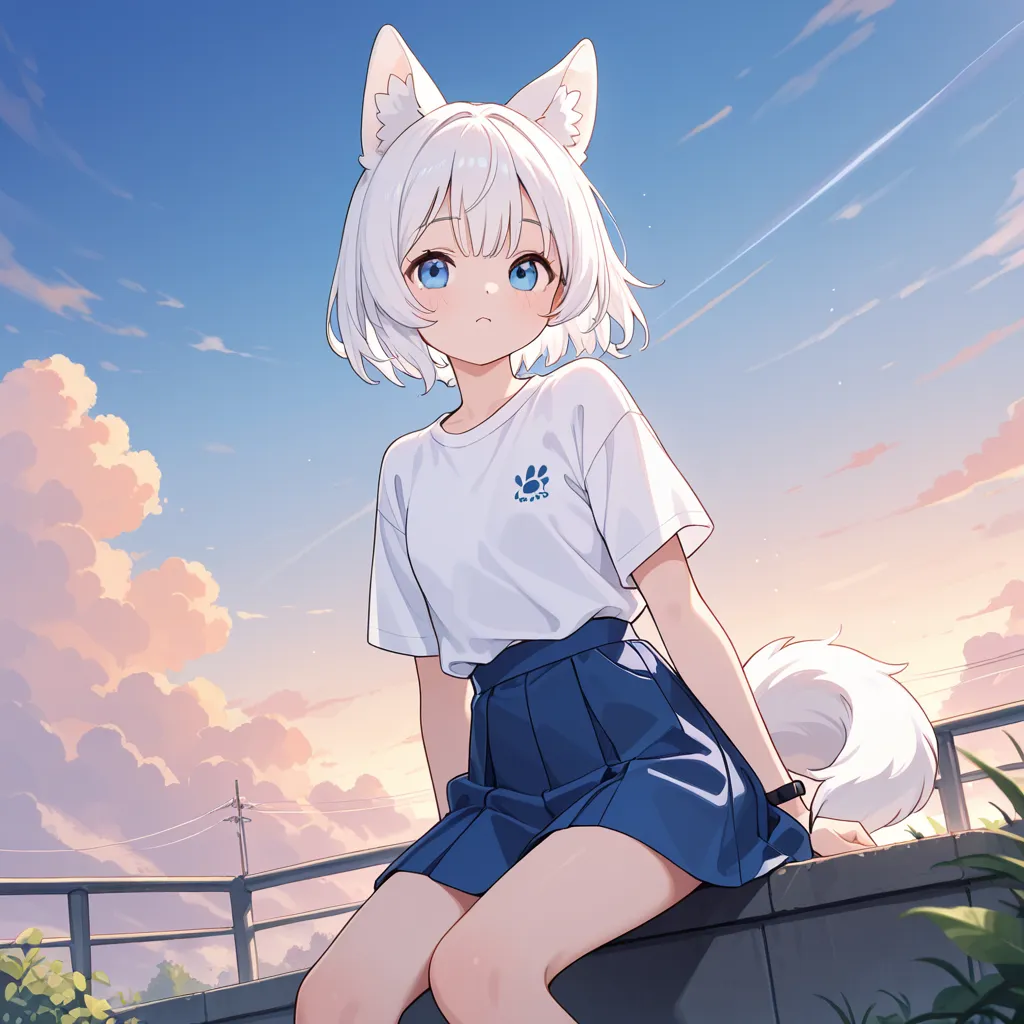 A girl, white dog ears, white dog tail,  white hair,  white t-shirt,  blue short skirt