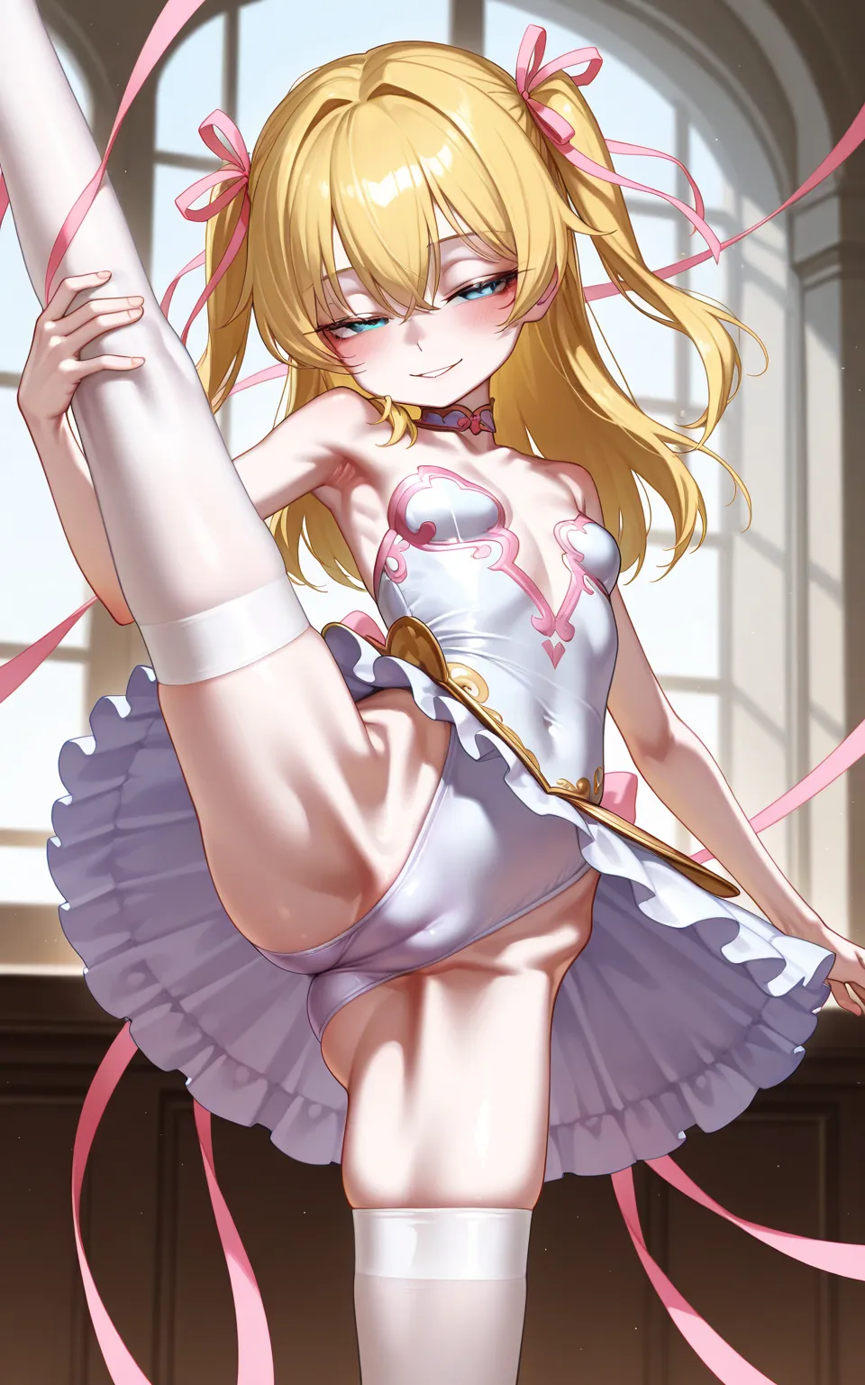 solo loli girl, blonde hair, [emaciated:1.3], small breasts, half-closed eyes, [seductive smile:1.3], exotic angel motif fashion, ballet, pink ribbon, camel toe,