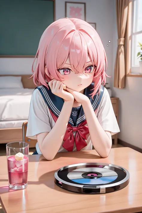 pink eyes, solo, pink hair, hair between eyes, sitting, flat small glass disk on table, thinking, bedroom, serafuku, japanese school uniform, masterpiece, best quality, absurdres, newest, very aesthetic