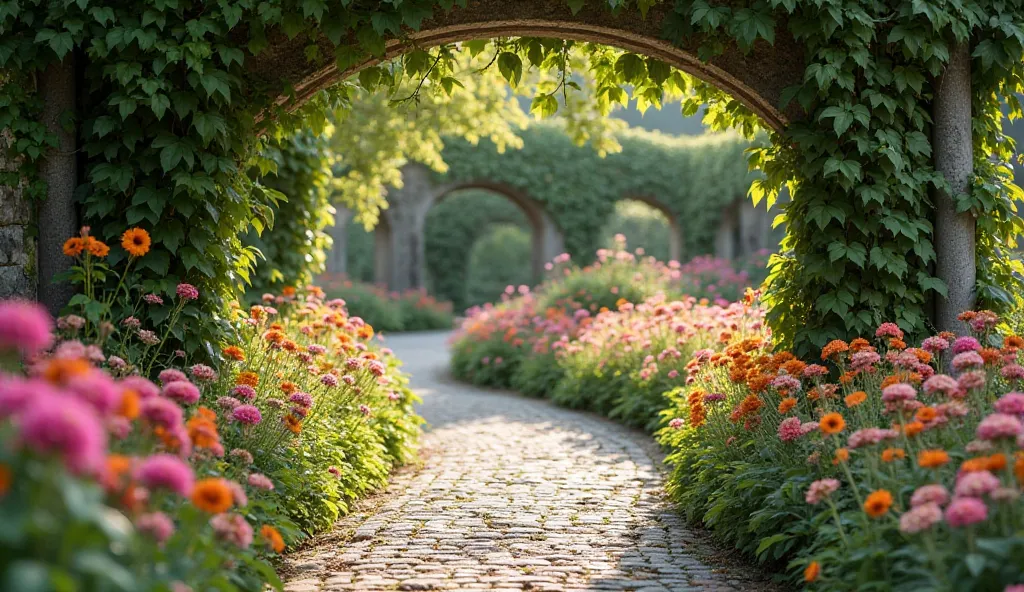 A tranquil garden scene featuring a winding cobblestone path bordered by vibrant flowers in shades of pink, orange, and green. The setting is framed by stone arches draped with lush ivy, creating an inviting passageway. Morning light filters through the fo...