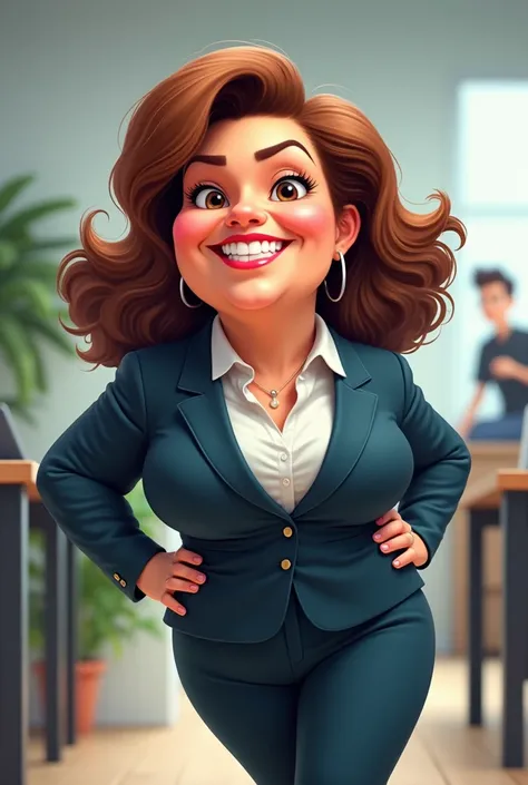 A female office worker. 40 years old. She's plump. A caricature is a caricature. , big head. In full growth. Dynamic pose