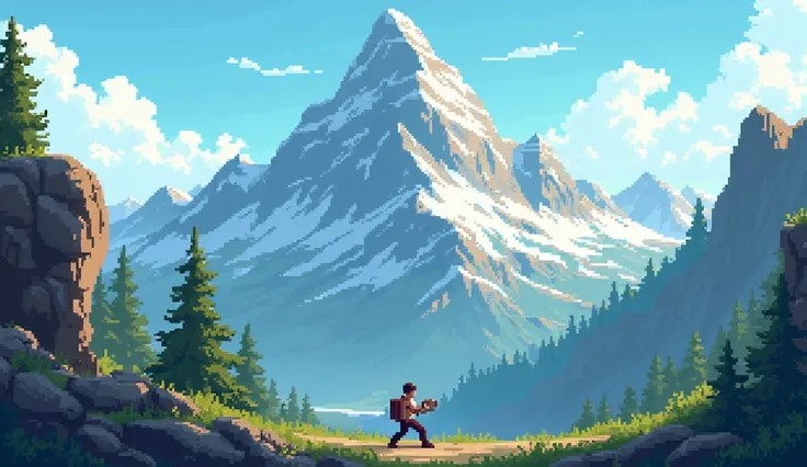 A very tiny man moving a mountain, in pixel art  