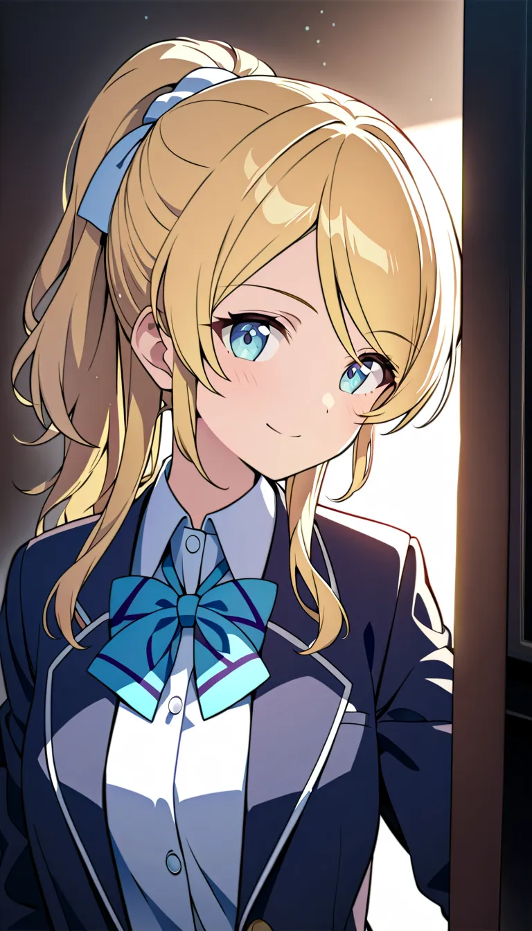 1 girl, Ayase Eli, detailed, Otonokizaka school uniform, highly detailed portrait of a young girl with blonde hair in a school uniform, standing in a typical school hallway, looking directly at the camera with a friendly expression, light casting a warm gl...