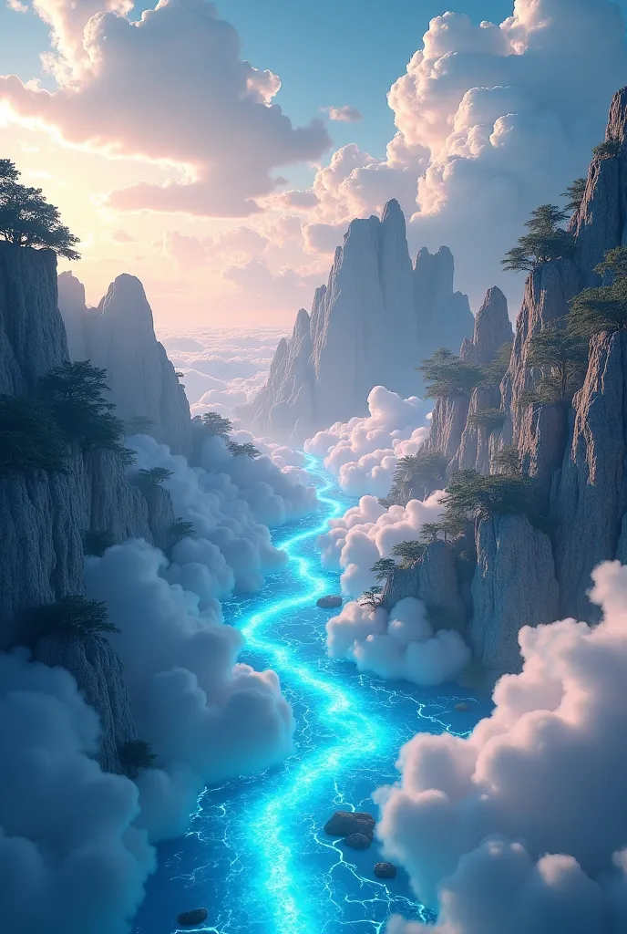 Create me an image where there is land that is angel like pure fully covered with light there being clouds everywhere trees made from clouds everything and there being a river the water bioluminescent but put in altars, or areas to worship gods like in Gre...