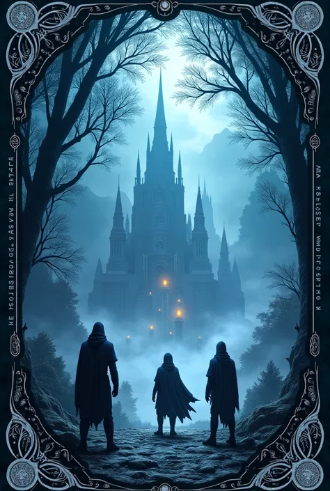 Dark fantasy book back cover: Mystical forest with glowing runes, shadow warriors silhouette, ancient city in fog. Dark blue and silver palette, magical atmosphere, haunting quote in ornate frame."*