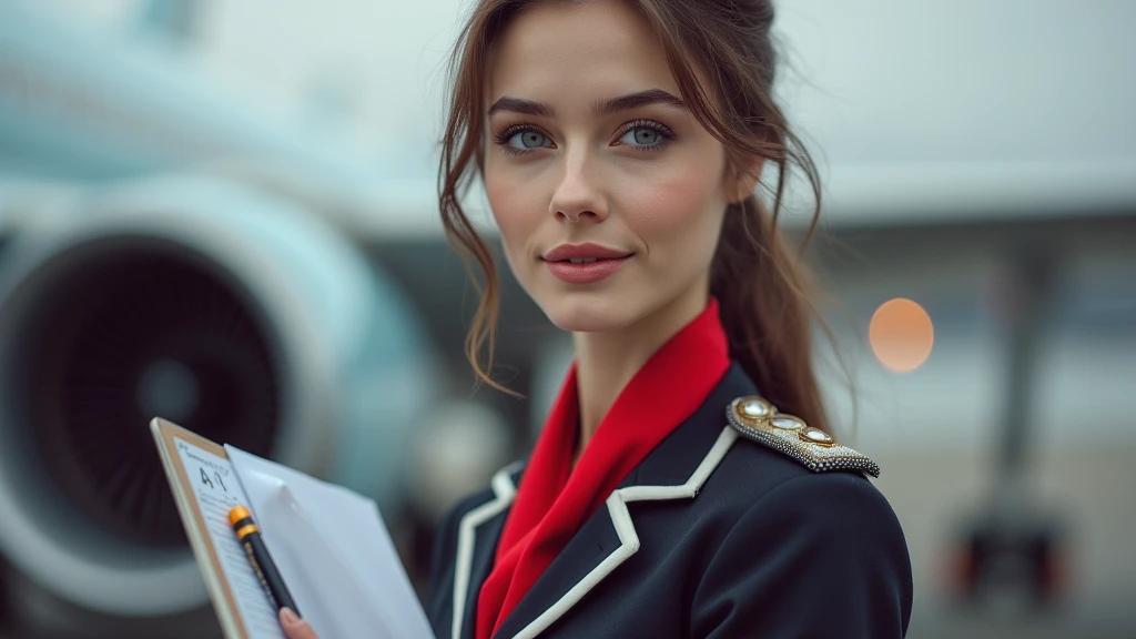 High quality, high definition photo of a very beautiful slender young stewardess conductor stands near the plane trap with notepad in her hands and light smiles. 1 girl. Sexy. Beautiful gray eyes, light makeup. A very short sexy skirt. The photo is of high...