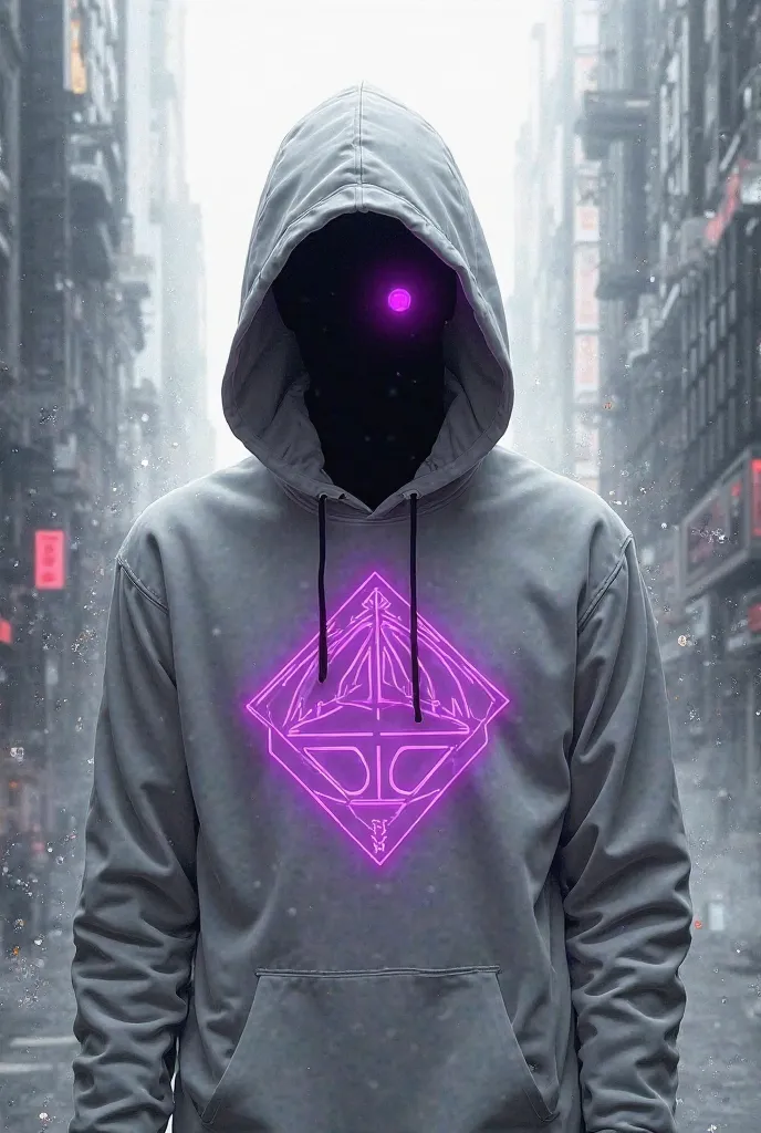 A digital art illustration of a hooded figure in a futuristic, urban setting. The figure wears a white hoodie with a distinct geometric symbol on the front, the color is neon purple, and the face is obscured by shadows. The background is an abstract, urban...