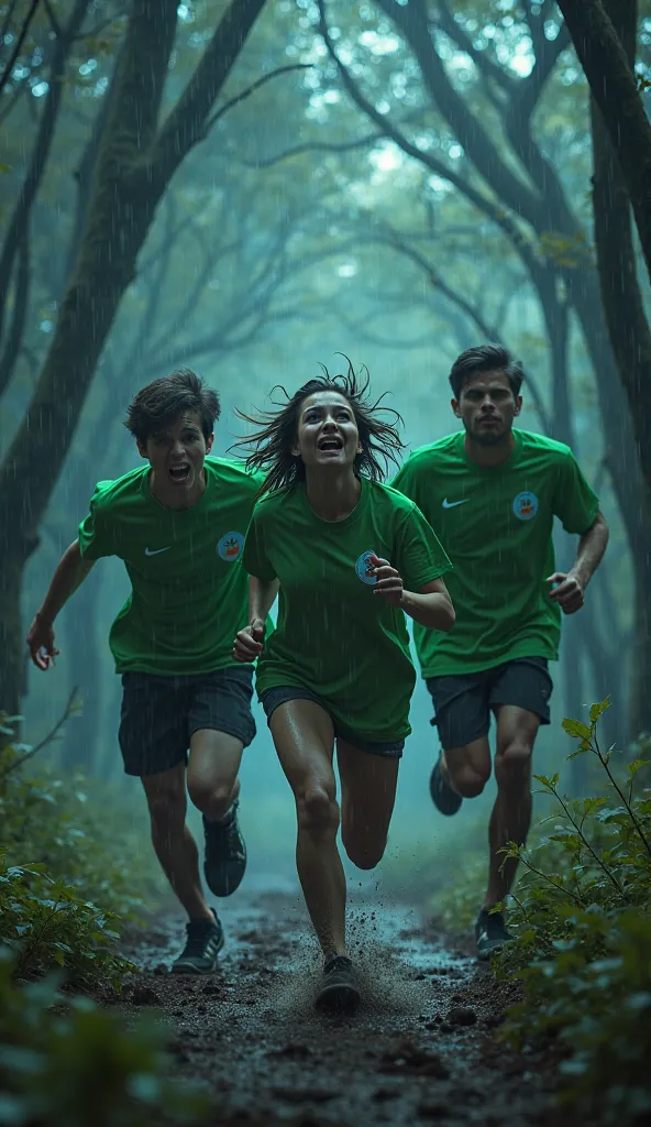 Three Friends In Green Shirts Running In The Dark Forest At Stormy Night, Looking Very Scared, 