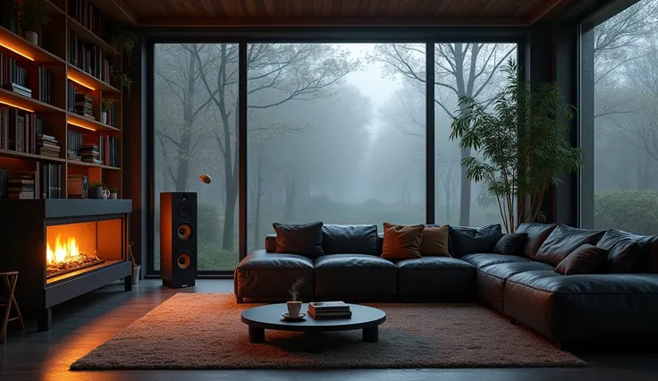 Cozy cabin house nestled in a hazy, moody forest after rain. Inside, a warm and inviting space with a large, round black leather couch as the focal point. Behind it, a tall bookshelf filled with books and adorned with hanging plants. A sleek modern coffee ...