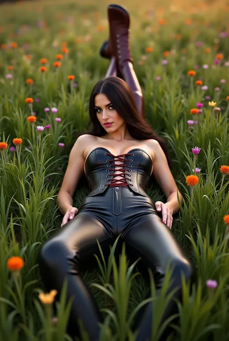 A white woman lies legged apart in a meadow wearing black leather leggings and knee-high brown lace-up boots. She is wearing a tight corset . The woman is oriented from foot to head in the picture.