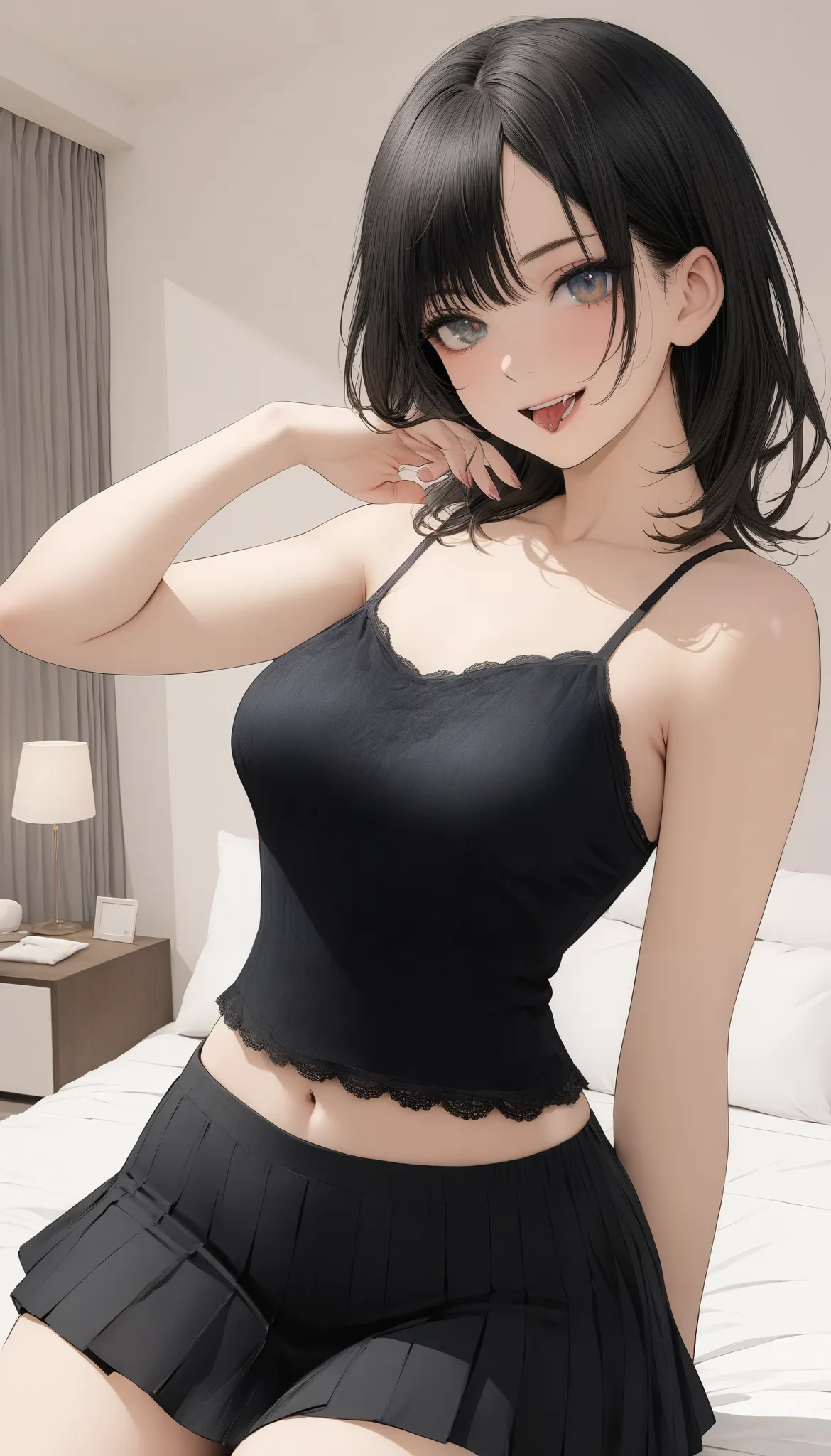 (  masterpiece, Top Quality, Top Quality,   beautiful、Midea:1.2), 1 person,beautiful,  Anime-style illustration of a girl posing showing off her healthy mother ,  it's cute,  sexy clothes and  beautiful and cute、  black hair,   girls on the left,   mature ...