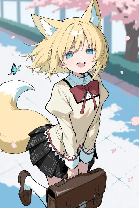 1girl, solo, medium blonde hair, azure eyes, clear and detailed eyes, long eyelash, no nose, happy smile, open mouth, upper teeth, mitakihara school uniform, puffy sleeves, lace trim, red bowtie, pleated skirt, plaid skirt, BREAK, fox tail, holding school ...