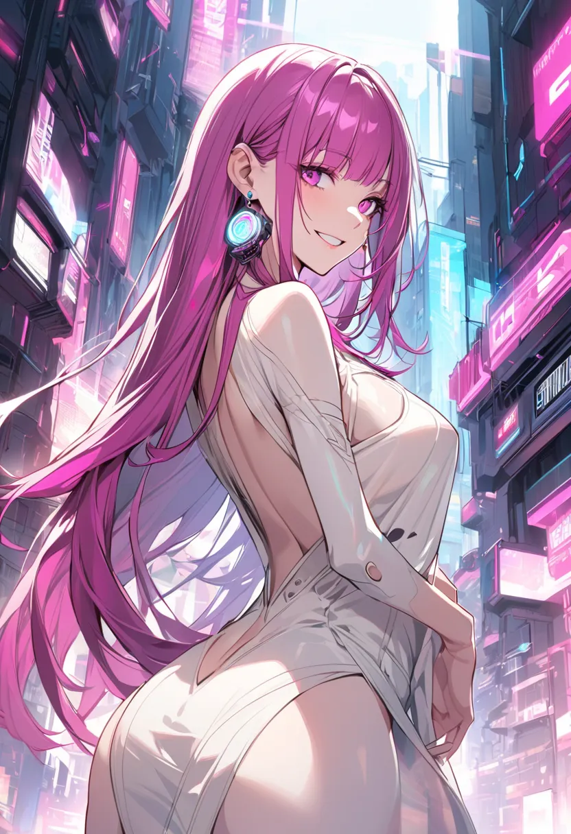 beautiful, alone,  female 1 person, mature, long hair,   magenta hair with bangs,   half up half down   ,  hot pink eyes ,   Naked in white clothes   ,   smile face,  future,  cyberpunk,   gamblers , card, You say,  earrings for a single woman