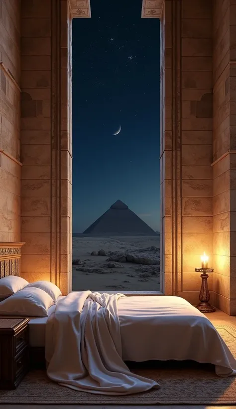 one.bedroom has a bed covered in fine sheeting and translucent white silk. Egyptian stone wall.  It's nighttime. The window is from floor to ceiling with columns on the side. THE.The room is dark. THE céu limpo e azul escuro com poucas estrelas brilhantes ...