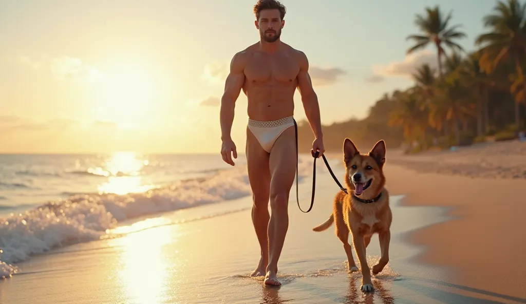 This man walking in the beach with his cute little dog, wearing a sexy swimsuite dress, side camera view, cinematic shot 