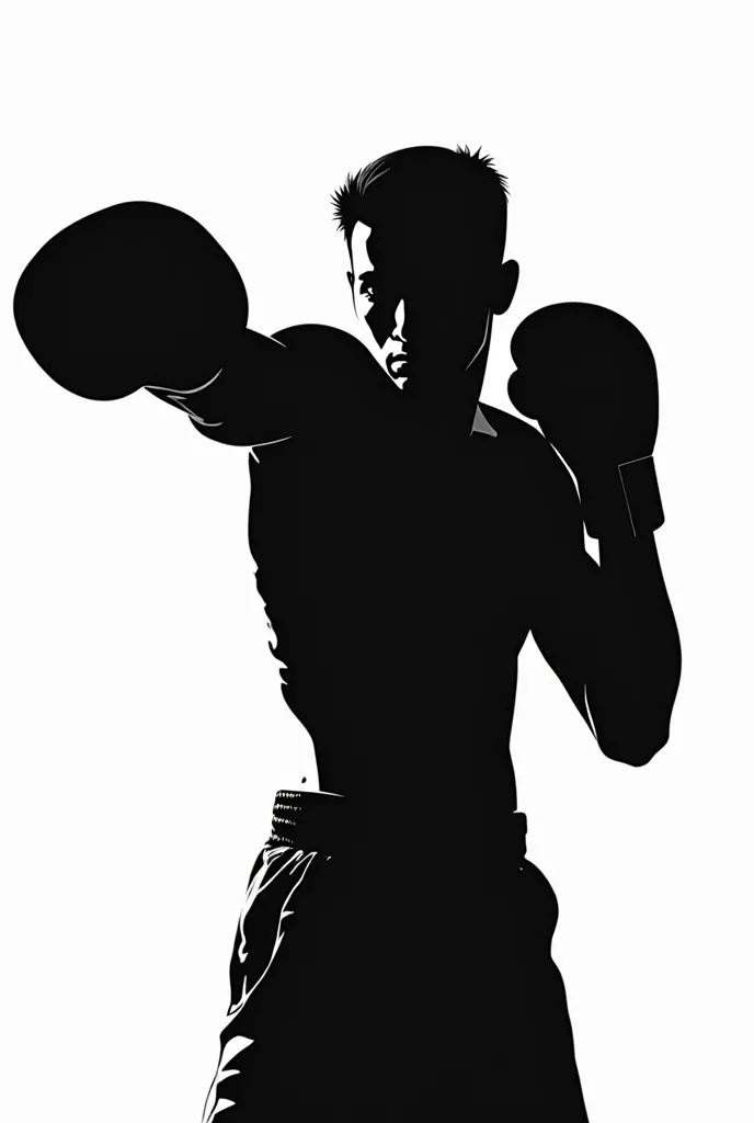 A black and white vector-style silhouette of a boxer in the middle of a punch. The image is in high-contrast stencil art style, with sharp, angular shadows emphasizing the form. The boxer has a strong, dynamic pose, and the illustration is clean, bold, and...