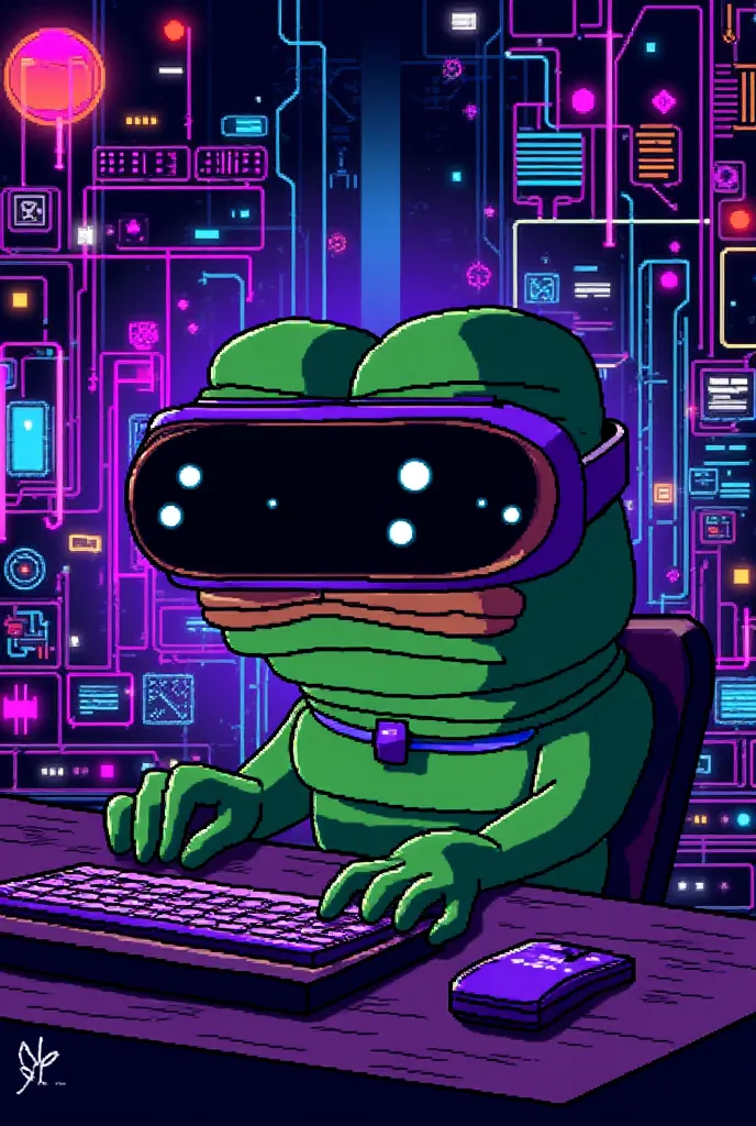 16-bit graphics of Apu Apustaja the antropomorphic frog as a hacker wearing VR googles in cyberspace
