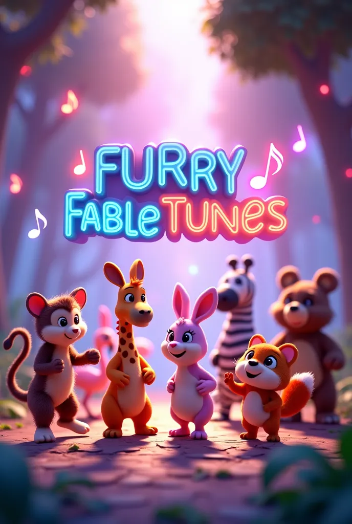 A lively, colorful, very wide YouTube banner featuring a group of **cute, 3D animated animals** (monkey, kangaroo, flamingo, giraffes, zebra, parrot, fox, raccoon, bear, and bunny) dancing and singing in a magical forest setting. Bright, glowing musical no...