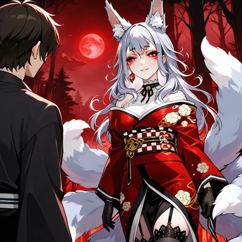 Nina kosaka (vtuber), 1 girl, 1 male, anime style, caught a male, long hair, red eyeshadow, Stockings,  evil and cunning look, smirk, middle breast, makeup, fox ears, animal ear fluff, fox tail, multiple tails, kimono, black kimono, red kimono, single earr...